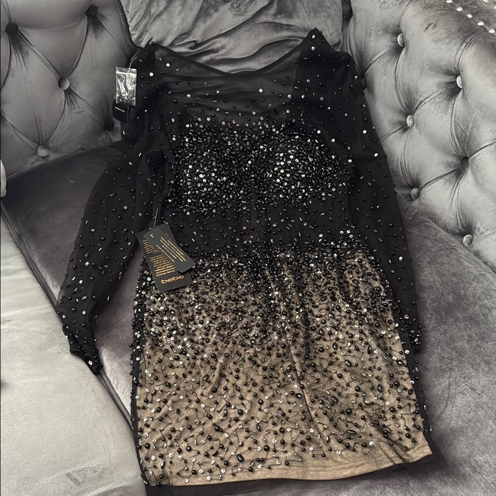 Bebe Black Silver Embellished Long Sleeve Cocktail Dress